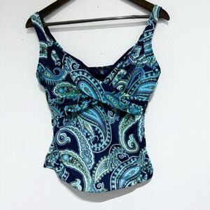 Lands End Swim Top Womens 12 Petite Blue Paisley Lined Wire Swimwear Tankini
